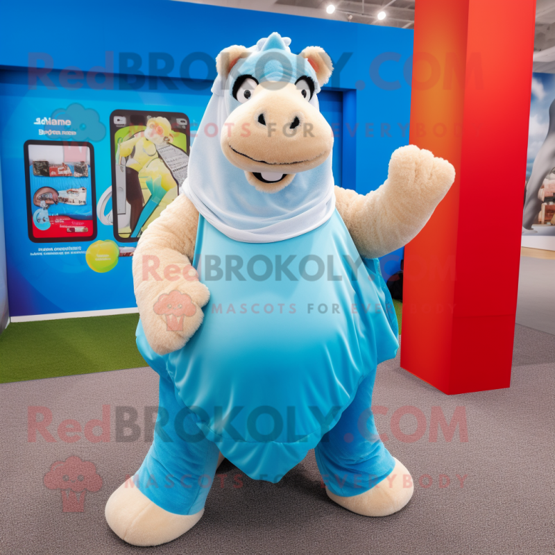 Sky Blue Camel mascot costume character dressed with a Yoga Pants and Wallets Sky Blue Camel mascot costume character dressed with a Yoga Pants and Wallets