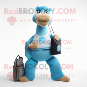 Sky Blue Camel mascot costume character dressed with a Yoga Pants and Wallets