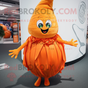Orange Onion mascot costume character dressed with a Wrap Skirt and Anklets