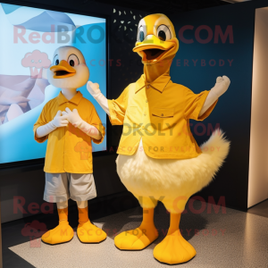 Yellow Geese mascot costume character dressed with a Henley Shirt and Watches