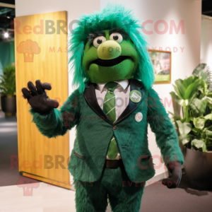 Forest Green Momentum mascot costume character dressed with a Suit Jacket and Belts