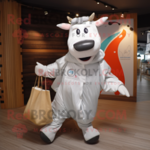 Silver Cow mascot costume character dressed with a Windbreaker and Tote bags