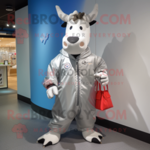 Silver Cow mascot costume character dressed with a Windbreaker and Tote bags