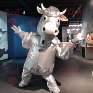 Silver Cow mascot costume character dressed with a Windbreaker and Tote bags