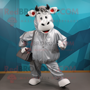Silver Cow mascot costume character dressed with a Windbreaker and Tote bags