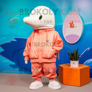 Peach Beluga Whale mascot costume character dressed with a Windbreaker and Lapel pins