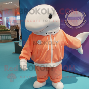 Peach Beluga Whale mascot costume character dressed with a Windbreaker and Lapel pins