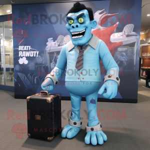 Sky Blue Frankenstein'S Monster mascot costume character dressed with a Bomber Jacket and Briefcases