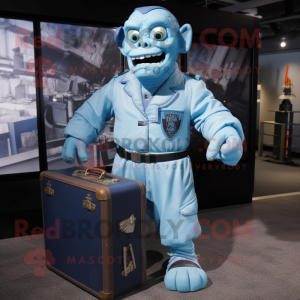 Sky Blue Frankenstein'S Monster mascot costume character dressed with a Bomber Jacket and Briefcases