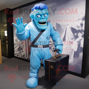 Sky Blue Frankenstein'S Monster mascot costume character dressed with a Bomber Jacket and Briefcases