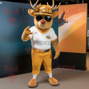 Gold Reindeer mascot costume character dressed with a Baseball Tee and Sunglasses