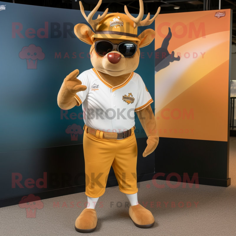 Gold Reindeer mascot costume character dressed with a Baseball Tee and Sunglasses Gold Reindeer mascot costume character dressed with a Baseball Tee and Sunglasses