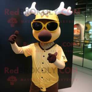 Gold Reindeer mascot costume character dressed with a Baseball Tee and Sunglasses