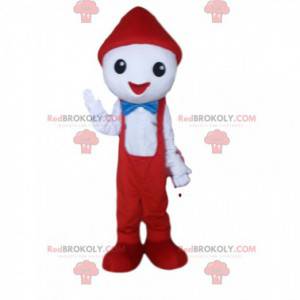 Mascotte de personnage blanc avec une salopette rouge -