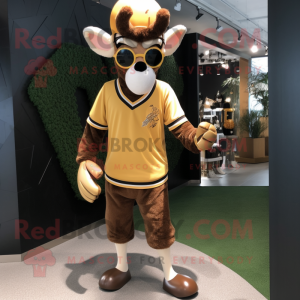 Gold Reindeer mascot costume character dressed with a Baseball Tee and Sunglasses