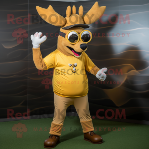 Gold Reindeer mascot costume character dressed with a Baseball Tee and Sunglasses