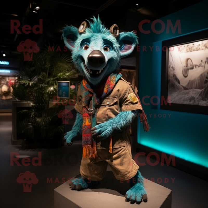 Turquoise Hyena mascot costume character dressed with a Cargo Pants and Bracelets