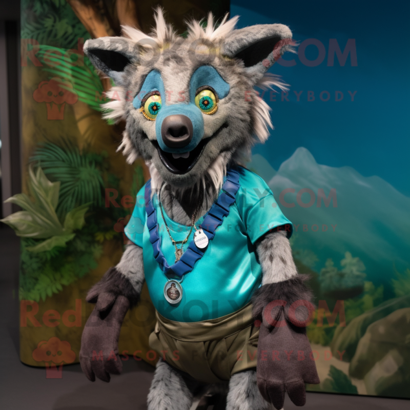 Turquoise Hyena mascot costume character dressed with a Cargo Pants and Bracelets