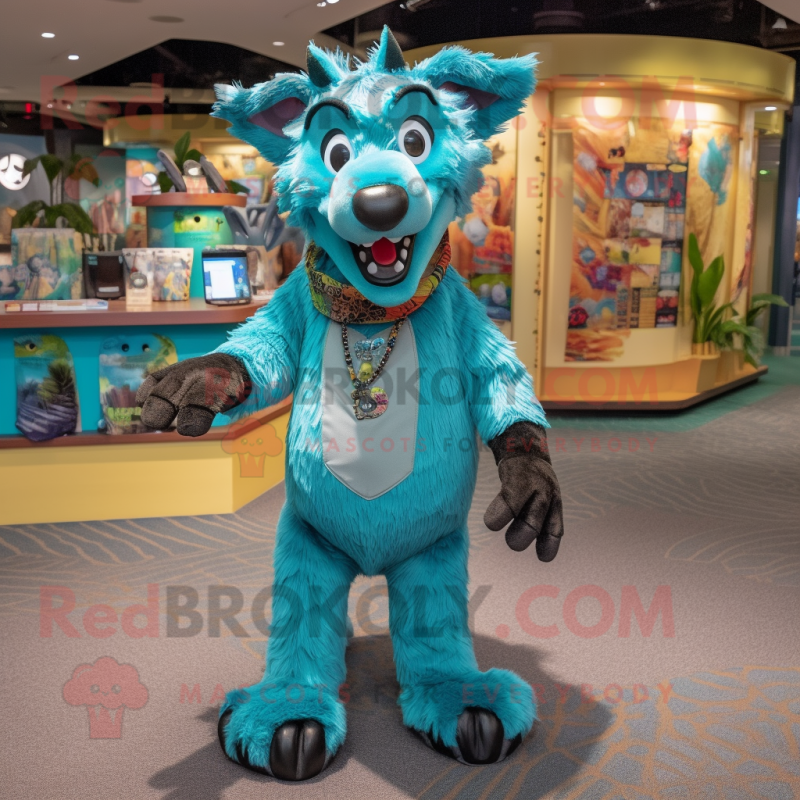 Turquoise Hyena mascot costume character dressed with a Cargo Pants and Bracelets Turquoise Hyena mascot costume character dressed with a Cargo Pants and Bracelets