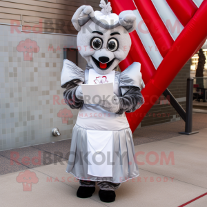 Silver Love Letter mascot costume character dressed with a Empire Waist Dress and Mittens