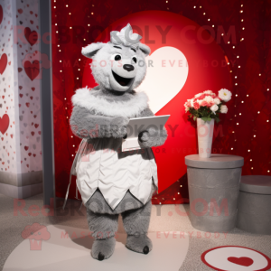 Silver Love Letter mascot costume character dressed with a Empire Waist Dress and Mittens