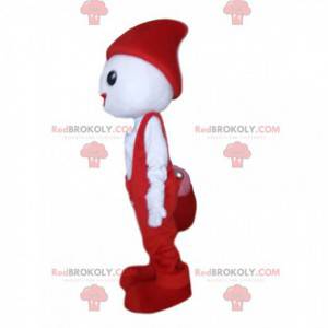 Mascote de personagem branco com macacão vermelho -