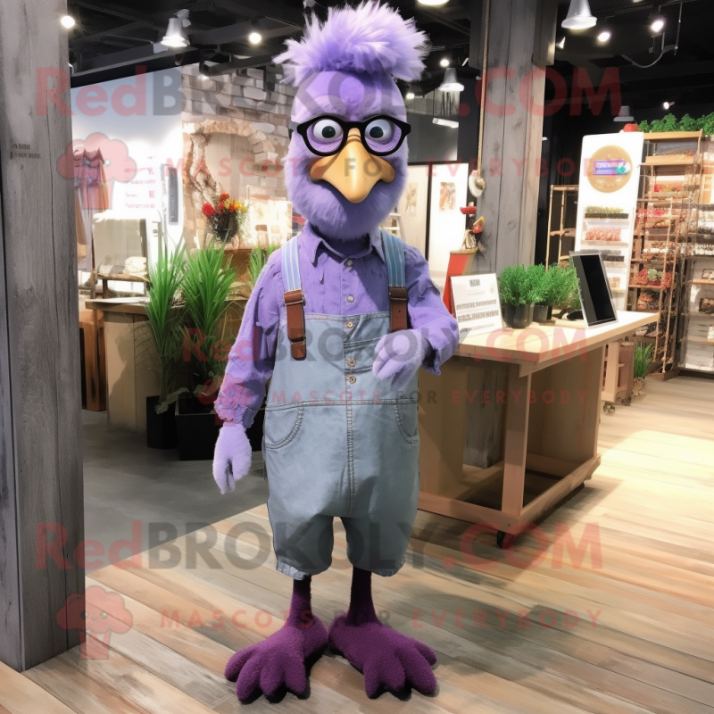 Lavender Hens mascot costume character dressed with a Overalls and Eyeglasses