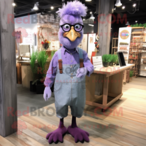 Lavender Hens mascot costume character dressed with a Overalls and Eyeglasses