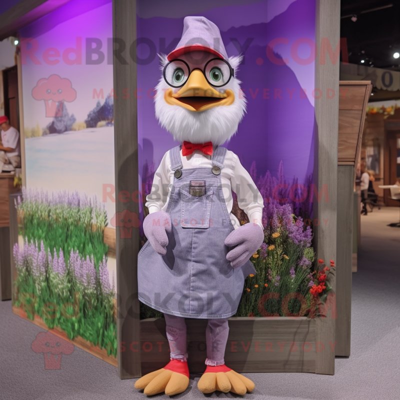 Lavender Hens mascot costume character dressed with a Overalls and Eyeglasses Lavender Hens mascot costume character dressed with a Overalls and Eyeglasses