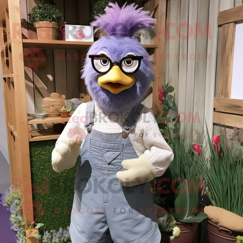 Lavender Hens mascot costume character dressed with a Overalls and Eyeglasses