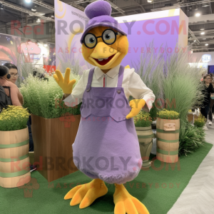 Lavender Hens mascot costume character dressed with a Overalls and Eyeglasses