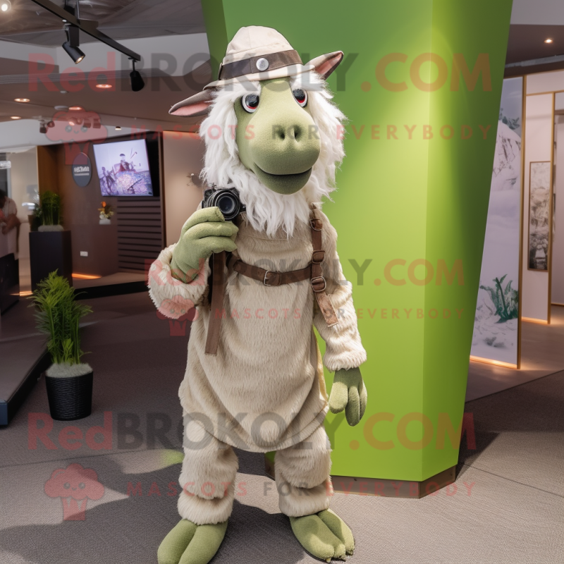 Olive Angora Goat mascot costume character dressed with a Playsuit and Hats