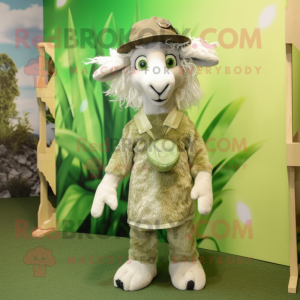 Olive Angora Goat mascot costume character dressed with a Playsuit and Hats