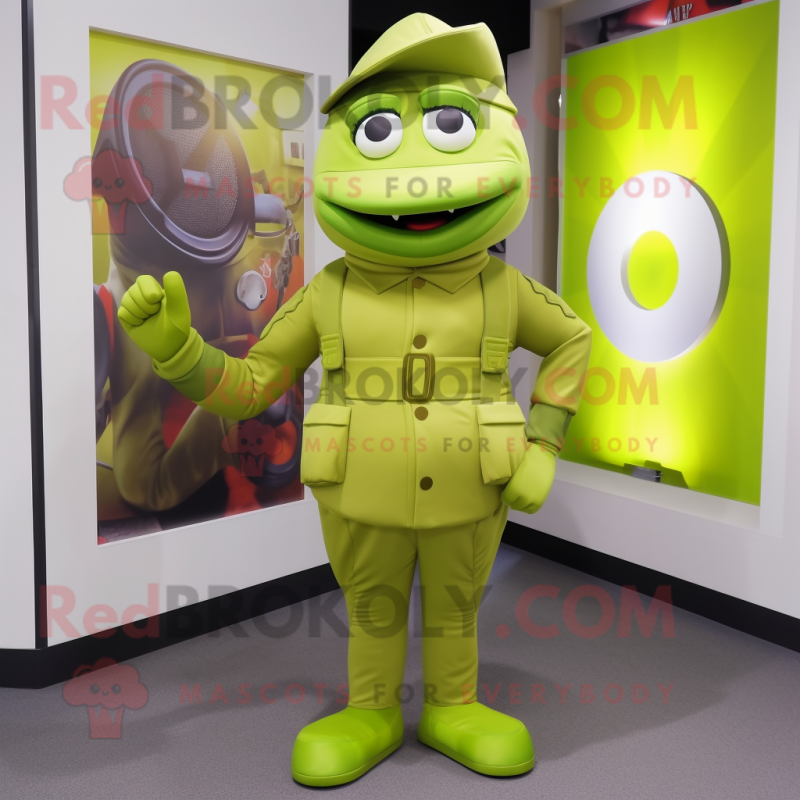 Lime Green Soldier mascot costume character dressed with a Trousers and Watches