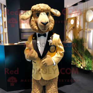Gold Suffolk Sheep mascot costume character dressed with a Blazer and Lapel pins