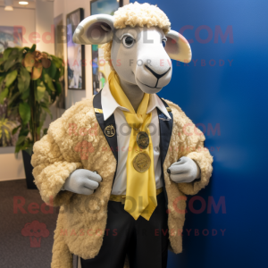 Gold Suffolk Sheep mascot costume character dressed with a Blazer and Lapel pins