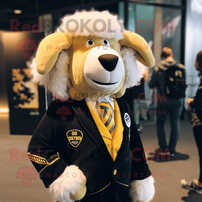 Gold Suffolk Sheep mascot costume character dressed with a Blazer and Lapel pins Gold Suffolk Sheep mascot costume character dressed with a Blazer and Lapel pins