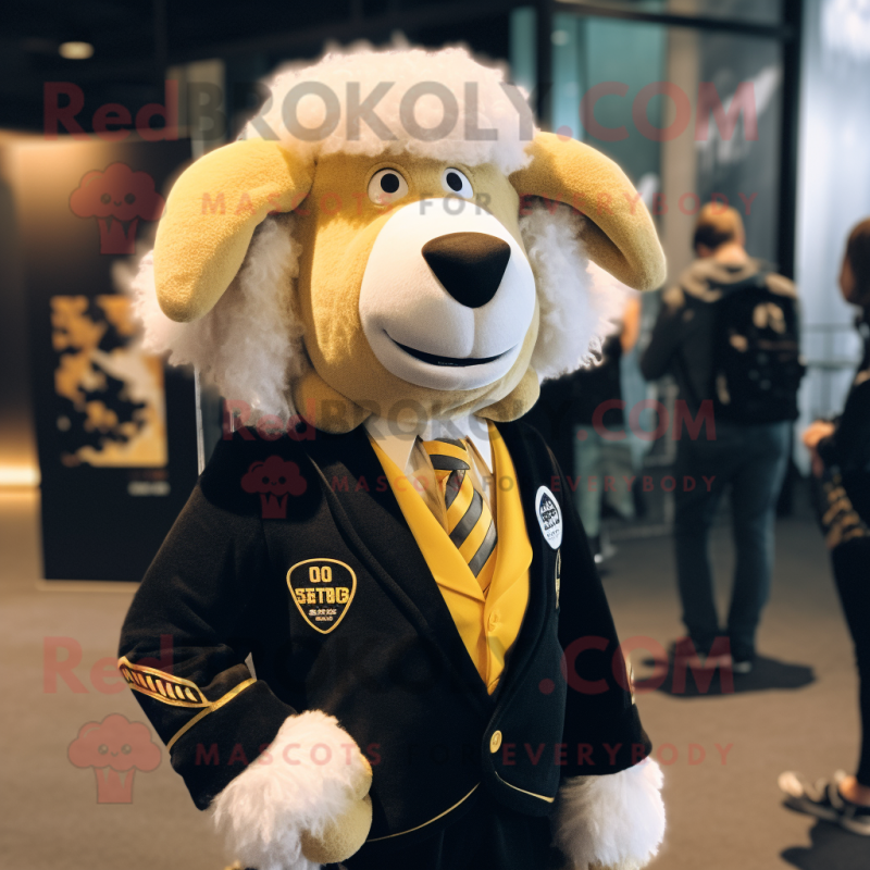 Gold Suffolk Sheep mascot costume character dressed with a Blazer and Lapel pins