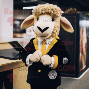 Gold Suffolk Sheep mascot costume character dressed with a Blazer and Lapel pins