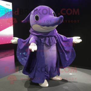 Purple Whale mascot costume character dressed with a Romper and Shawl pins