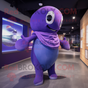 Purple Whale mascot costume character dressed with a Romper and Shawl pins
