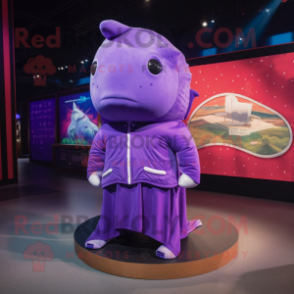 Purple Whale mascot costume character dressed with a Romper and Shawl pins