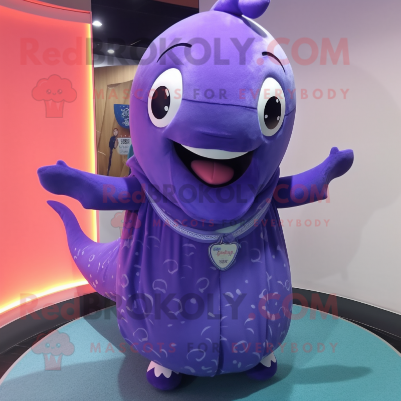 Purple Whale mascot costume character dressed with a Romper and Shawl pins