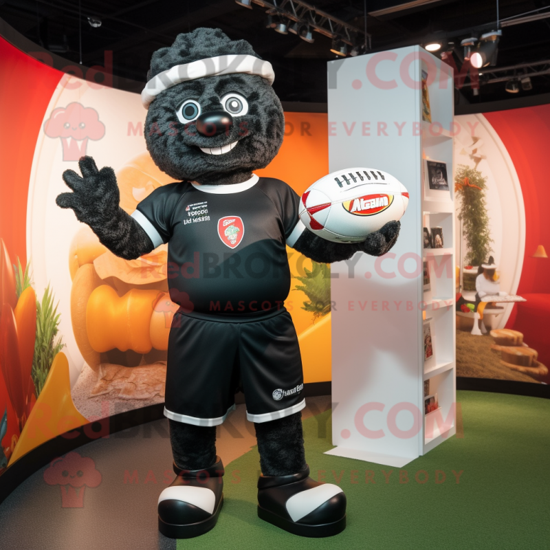 Black Pizza mascot costume character dressed with a Rugby Shirt and Shawls Black Pizza mascot costume character dressed with a Rugby Shirt and Shawls