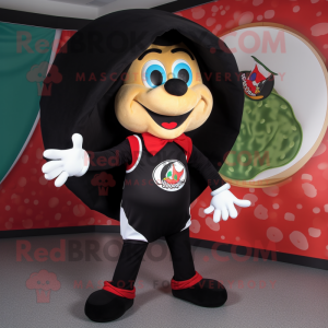 Black Pizza mascot costume character dressed with a Rugby Shirt and Shawls