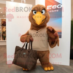 Brown Bald Eagle mascot costume character dressed with a Turtleneck and Tote bags