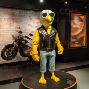 Yellow Gull mascot costume character dressed with a Biker Jacket and Bracelet watches