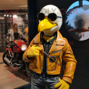 Yellow Gull mascot costume character dressed with a Biker Jacket and Bracelet watches