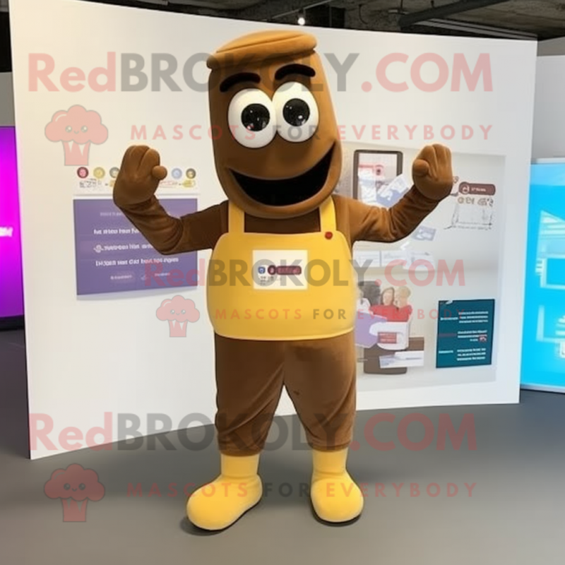 Brown Moussaka mascot costume character dressed with a Overalls and Scarves Brown Moussaka mascot costume character dressed with a Overalls and Scarves