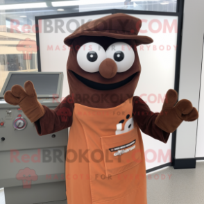 Brown Moussaka mascot costume character dressed with a Overalls and Scarves